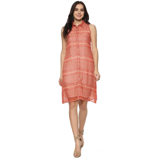 PKRKART Women's Polyester Printed Sleeveless Above Knee Dress (Orange)