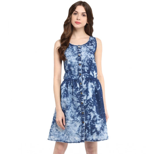 PKRKART Women's Denim Tie &amp; Dye Sleeveless Above Knee Dress (Blue)