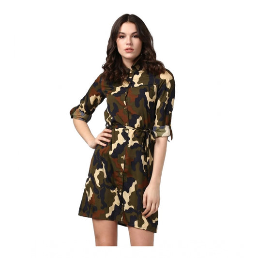 PKRKART Women's Polyester Printed Roll Up Sleeve Tunic Top (Green - Black)