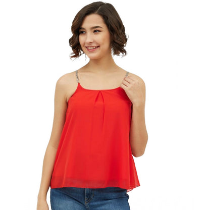 PKRKART Women's Polyester Embellished Shoulder Straps Top (Red)