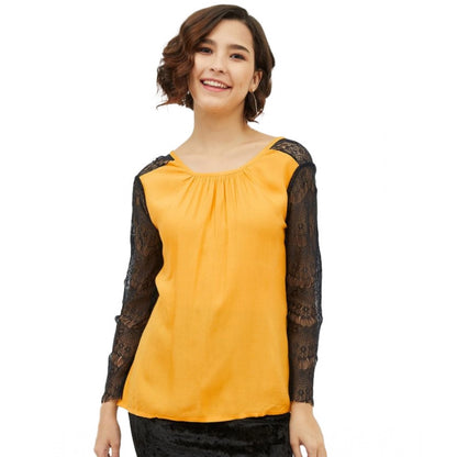 PKRKART Women's Rayon Lace Inserts Long Sleeves Top (Yellow)