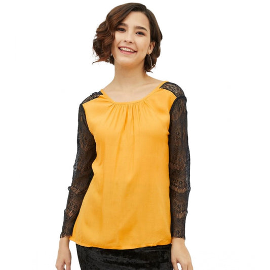 PKRKART Women's Rayon Lace Inserts Long Sleeves Top (Yellow)