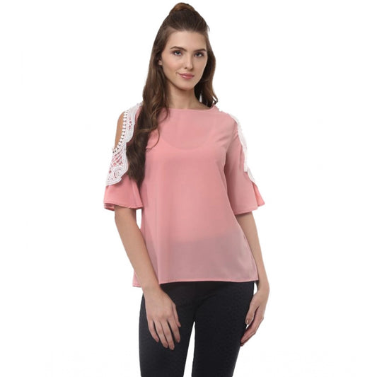 PKRKART Women's Polyester Lace Inserts Half Sleeve Top (Pink)