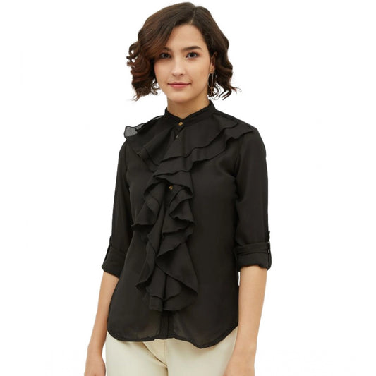 PKRKART Women's Polyester Ruffled Long Sleeves Standard Length Shirt (Black)