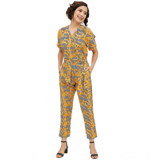 PKRKART Women's Polyester Printed Half Sleeve Long Jumpsuit (Yellow)