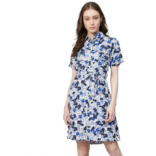 PKRKART Women's Polyester Floral Short Sleeve Above Knee Dress (Blue - White)