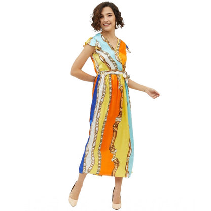 PKRKART Women's Satin Chain Print Cap Sleeve Calf-length Dress (Multicolor)