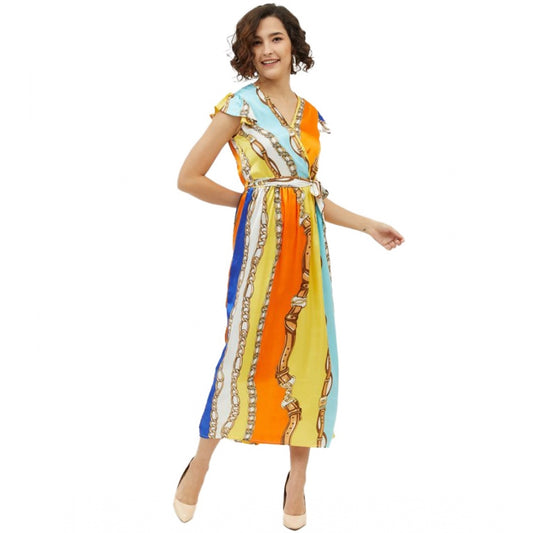 PKRKART Women's Satin Chain Print Cap Sleeve Calf-length Dress (Multicolor)