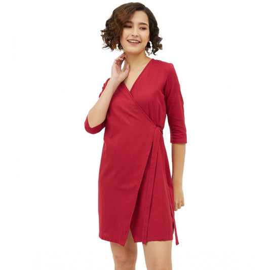 PKRKART Women's Cotton Wrap 3-4th Sleeves Above Knee Dress (Maroon)