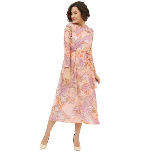 PKRKART Women's Polyester Printed Long Sleeves Calf-length Dress (Multicolor)