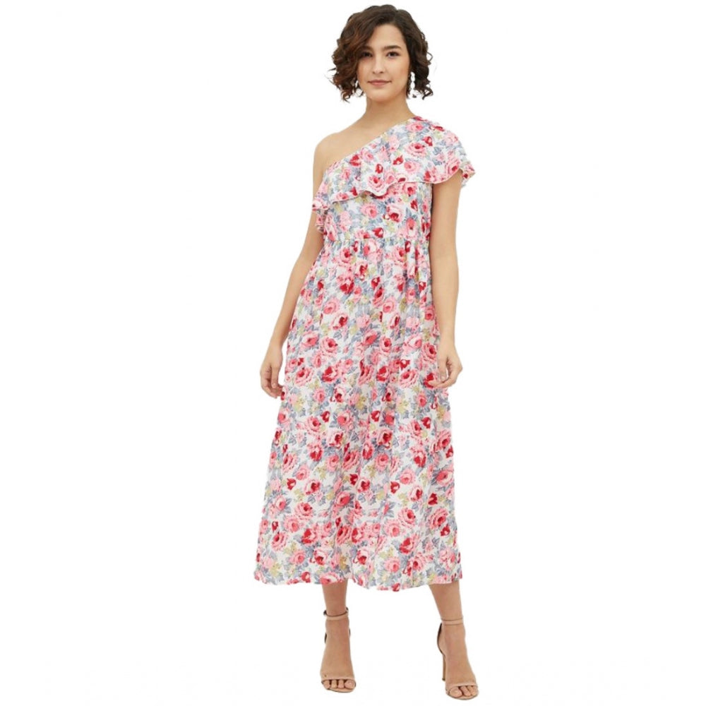 PKRKART Women's Polyester Floral One Shoulder Calf-length Dress (Multicolor)