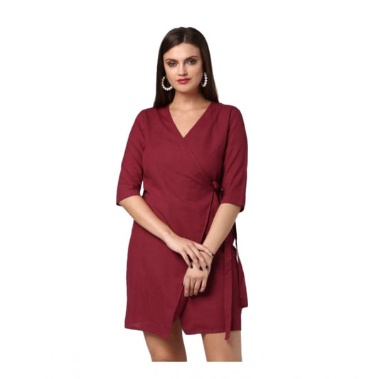 PKRKART Women's Cotton Solid 3-4th Sleeves Above Knee Dress (Maroon)