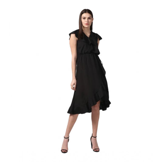 PKRKART Women's Polyester Ruffled Cap Sleeve Knee-Length Dress (Black)