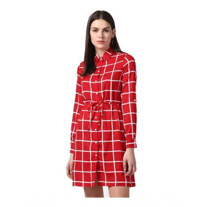 PKRKART Women's Polyester Checkered Long Sleeves Above Knee Dress (Red)
