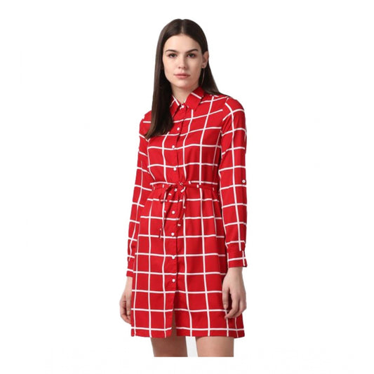 PKRKART Women's Polyester Checkered Long Sleeves Above Knee Dress (Red)