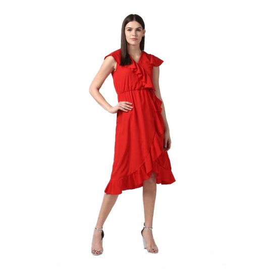 PKRKART Women's Polyester Ruffled Cap Sleeve Knee-Length Dress (Red)