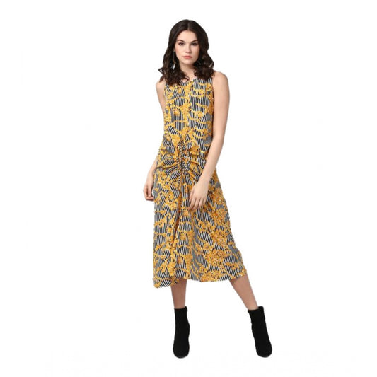 PKRKART Women's Polyester Chain Print Sleeveless Below Knee Dress (Yellow - Black)