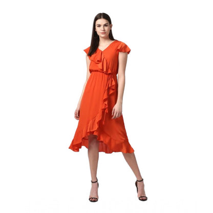 PKRKART Women's Polyester Ruffled Cap Sleeve Knee-Length Dress (Orange)