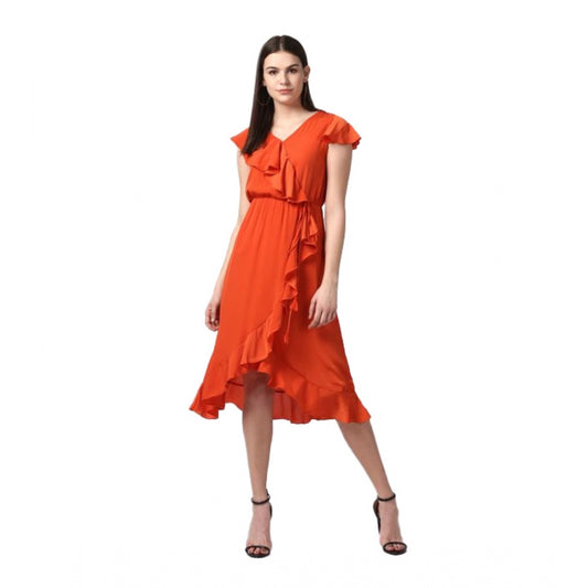 PKRKART Women's Polyester Ruffled Cap Sleeve Knee-Length Dress (Orange)