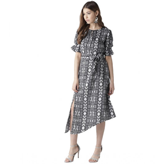 PKRKART Women's Polyester Animal Print Short Sleeve Knee-Length Dress (Black - White)