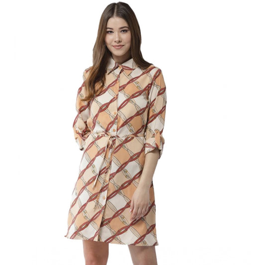 PKRKART Women's Polyester Printed Roll Up Sleeve Above Knee Dress (Off White - Brown)