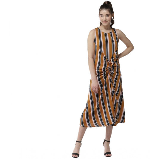 PKRKART Women's Polyester Striped Sleeveless Below Knee Dress (Mustard)