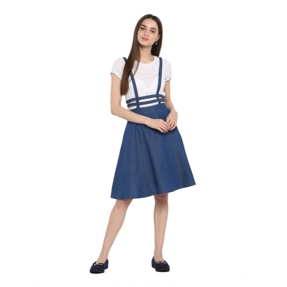 PKRKART Women's Denim Solid Shoulder Straps Below Knee Dress (Blue)