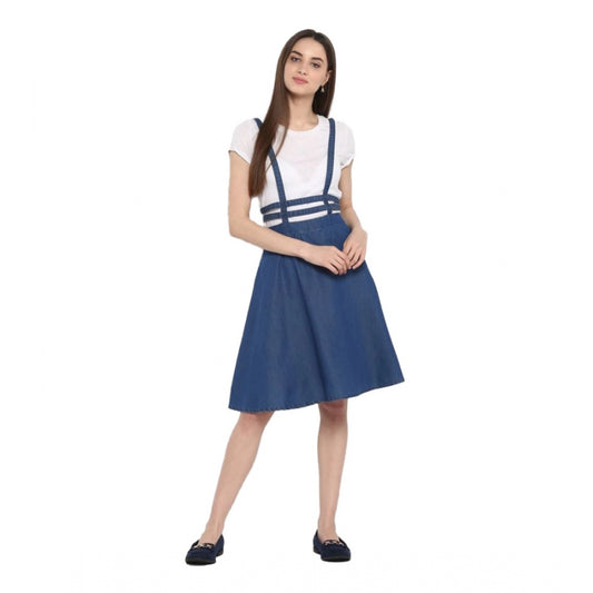 PKRKART Women's Denim Solid Shoulder Straps Below Knee Dress (Blue)