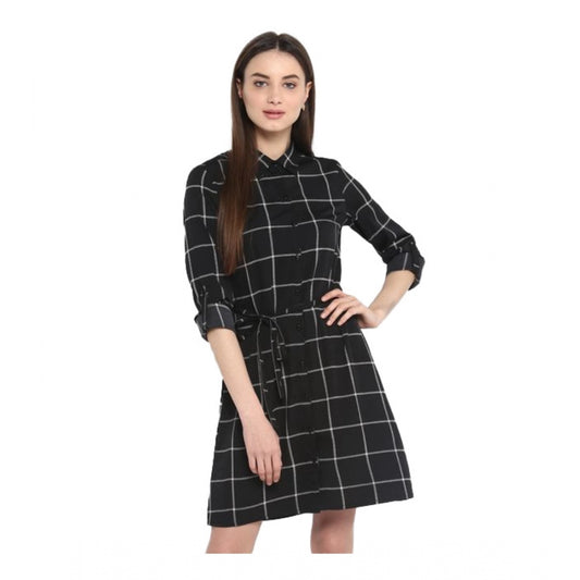 PKRKART Women's Polyester Checkered Roll Up Sleeve Above Knee Dress (Black - White)