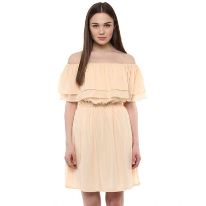 PKRKART Women's Polyester Solid Sleeveless Knee-Length Dress (Beige)
