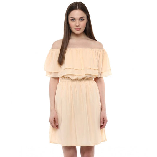 PKRKART Women's Polyester Solid Sleeveless Knee-Length Dress (Beige)