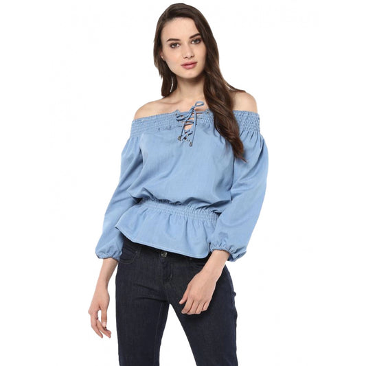 PKRKART Women's Denim Solid 3-4th Sleeves Regular Top (Blue)