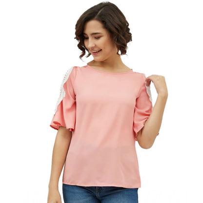 PKRKART Women's Polyester Lace Inserts Cold Shoulder Top (Pink)