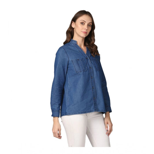 PKRKART Women's Denim Solid Long Sleeves Top (Blue)