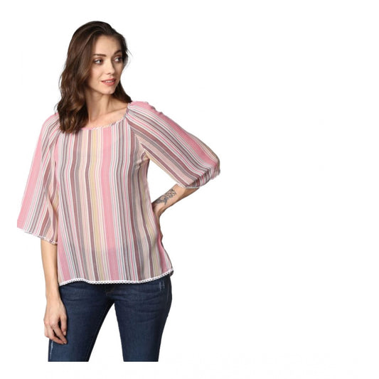PKRKART Women's Polyester Striped 3-4th Sleeves Top (Pink)