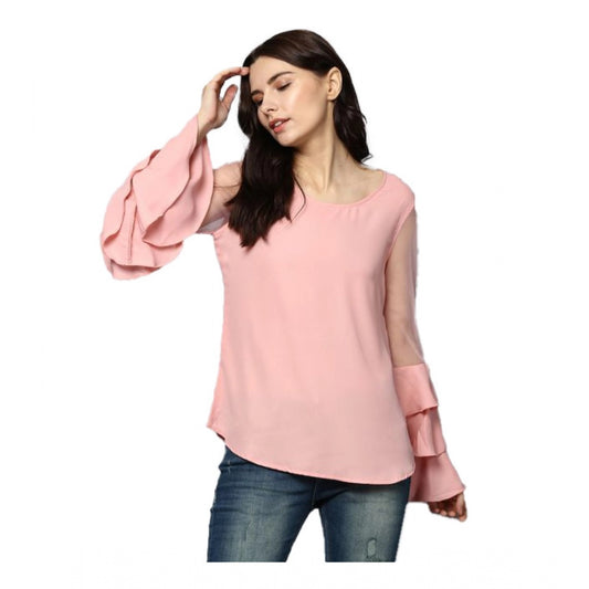 PKRKART Women's Polyester Solid Tier Sleeve Top (Pink)