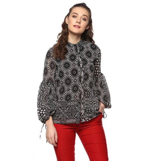 PKRKART Women's Polyester Printed Balloon Sleeve Top (Black - White)
