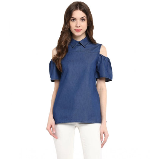 PKRKART Women's Denim Solid Cold Shoulder Regular Top (Blue)