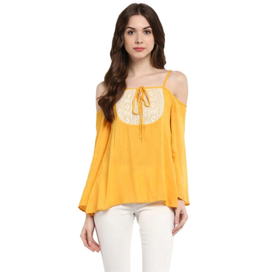 PKRKART Women's Rayon Embellished Cold Shoulder Regular Top (Mustard Yellow)