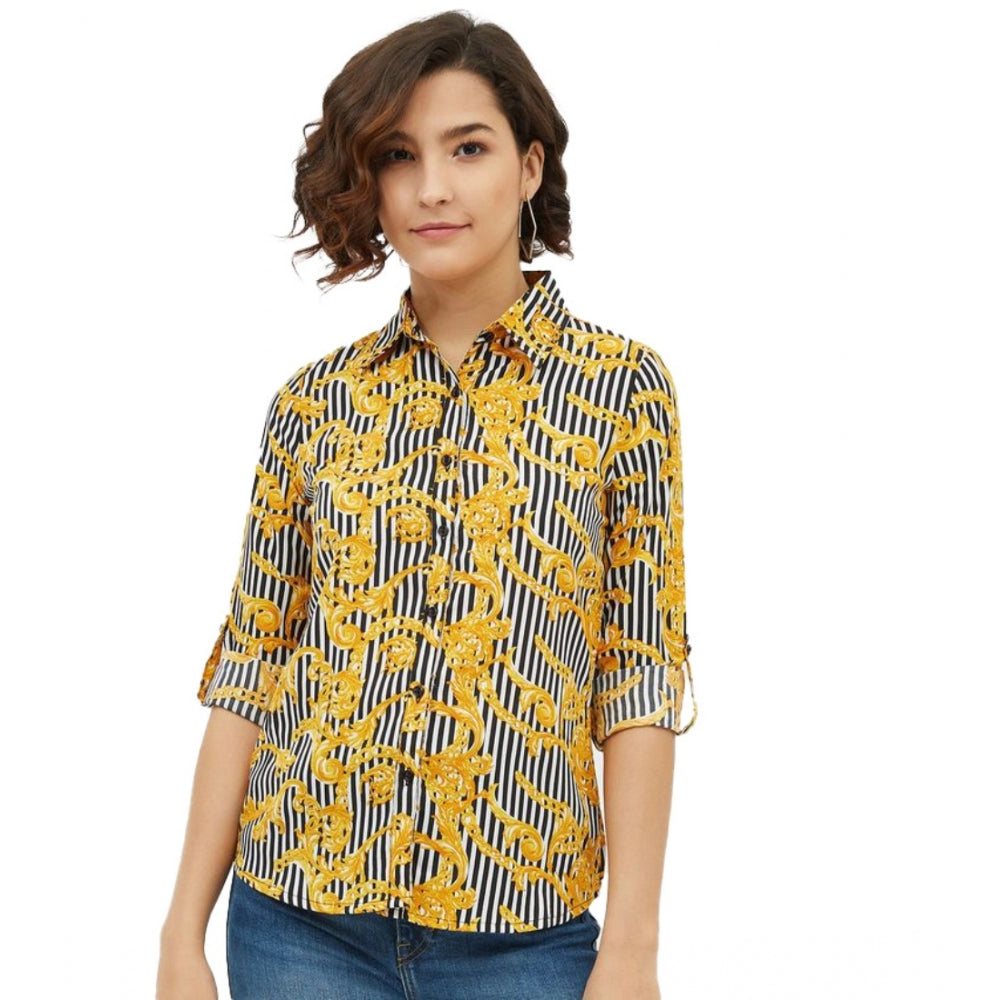 PKRKART Women's Polyester Printed Roll Up Sleeve Standard Length Shirt (Mustared)