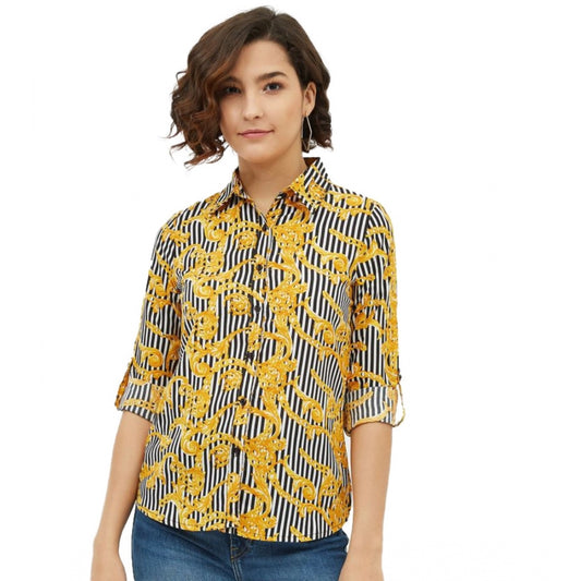 PKRKART Women's Polyester Printed Roll Up Sleeve Standard Length Shirt (Mustared)