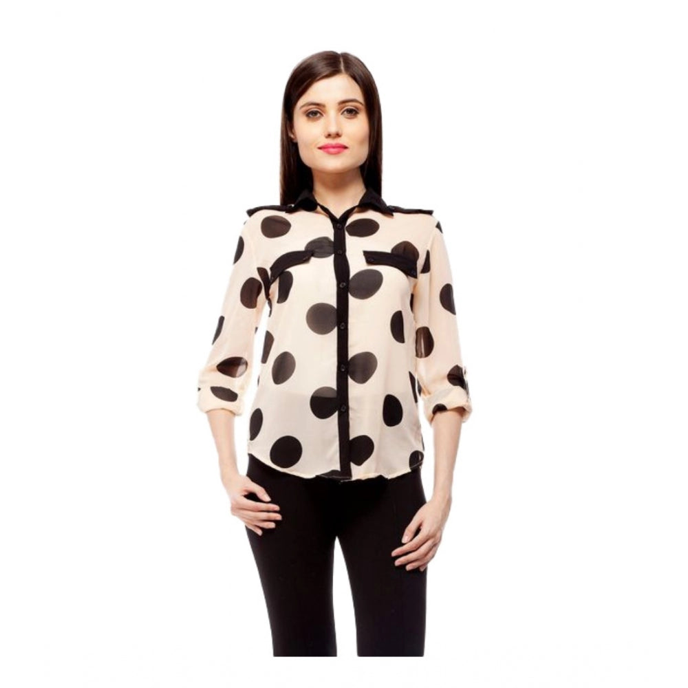 PKRKART Women's Polyester Polka Roll Up Sleeve Standard Length Shirt (Peach)