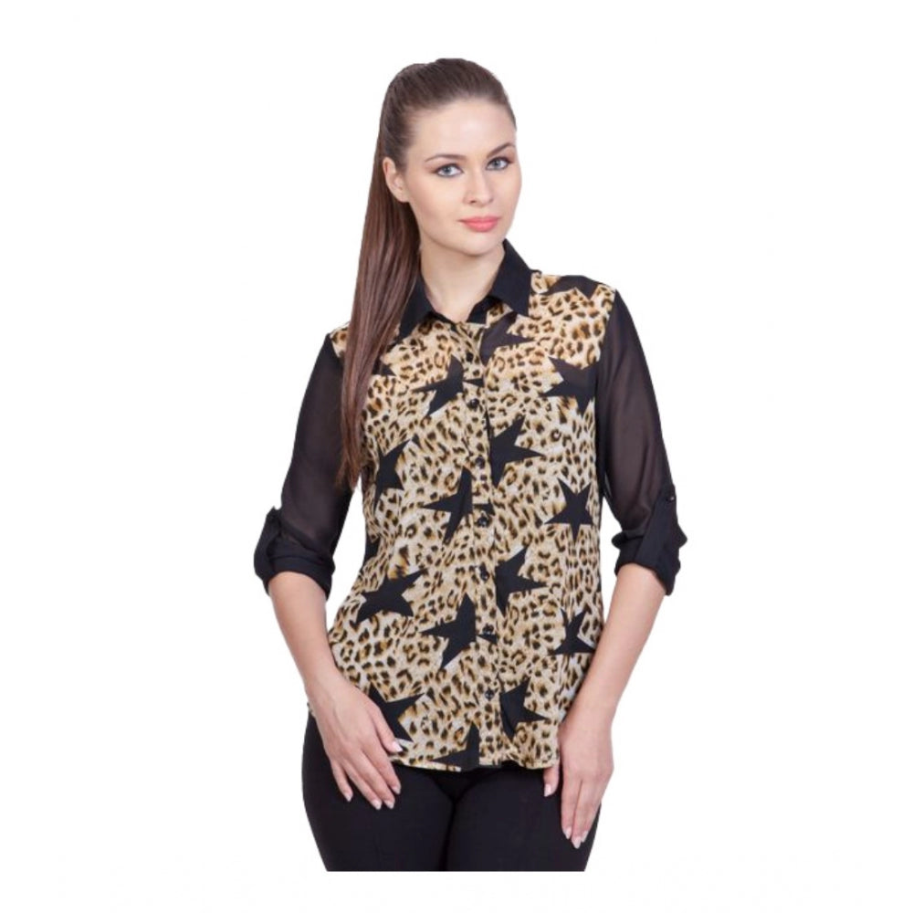 PKRKART Women's Polyester Printed Roll Up Sleeve Standard Length Shirt (Black)