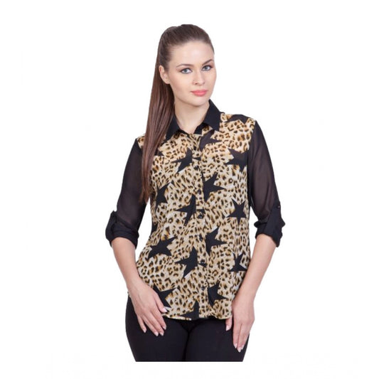 PKRKART Women's Polyester Printed Roll Up Sleeve Standard Length Shirt (Black)
