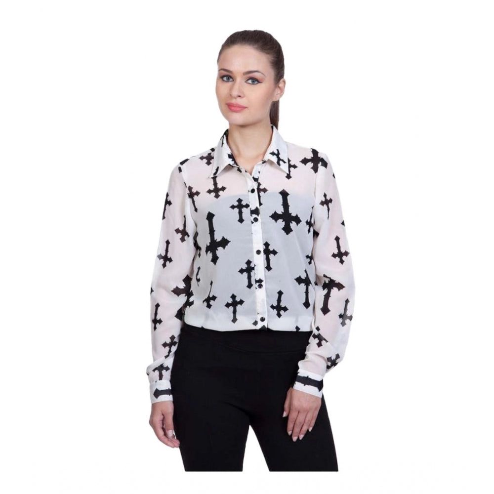 PKRKART Women's Polyester Printed Long Sleeves Standard Length Shirt (White)