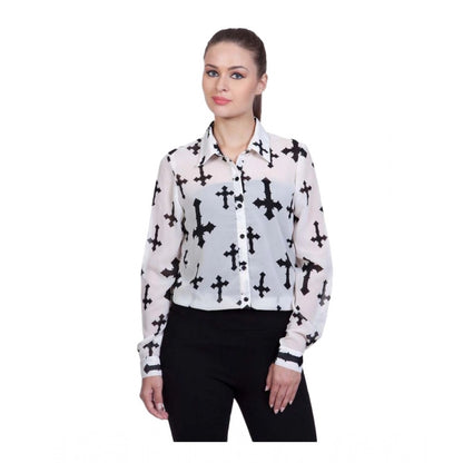 PKRKART Women's Polyester Printed Long Sleeves Standard Length Shirt (White)