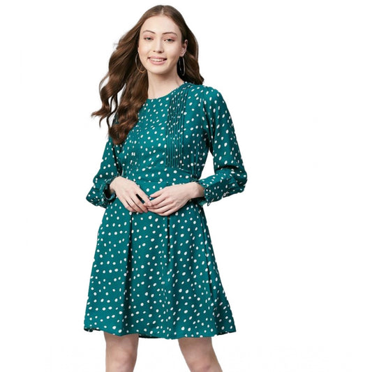 PKRKART Women's Polyester Polka Long Sleeves Above Knee Dress (Green - White)