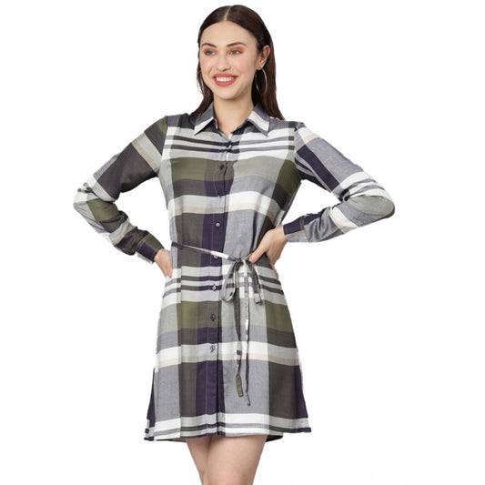 PKRKART Women's Cotton Checkered Long Sleeves Above Knee Dress (Olive - White)