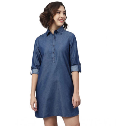 PKRKART Women's Denim Solid Long Sleeves Above Knee Dress (Navy Blue)