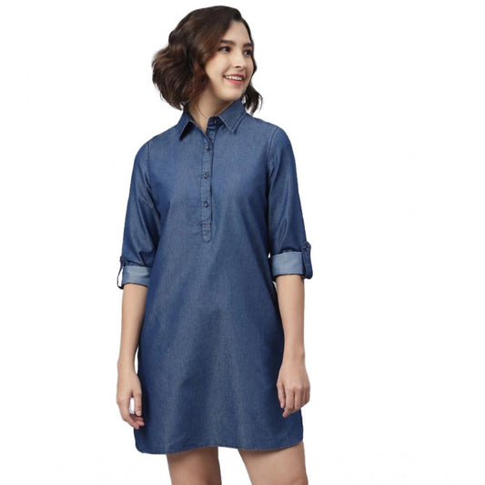 PKRKART Women's Denim Solid Long Sleeves Above Knee Dress (Navy Blue)